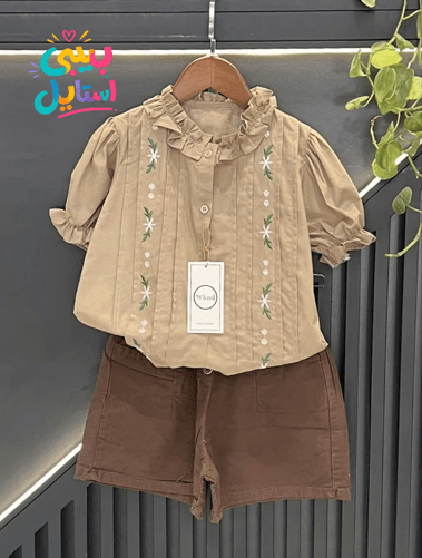 شومیز شلوارک لینن دخترانه با یقه گلدوزی – رنگ موکا
