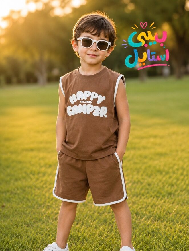 سِت تاپ و شلوارک بچگانه مدل happy رنگ قهوه‌ای - نمای کامل